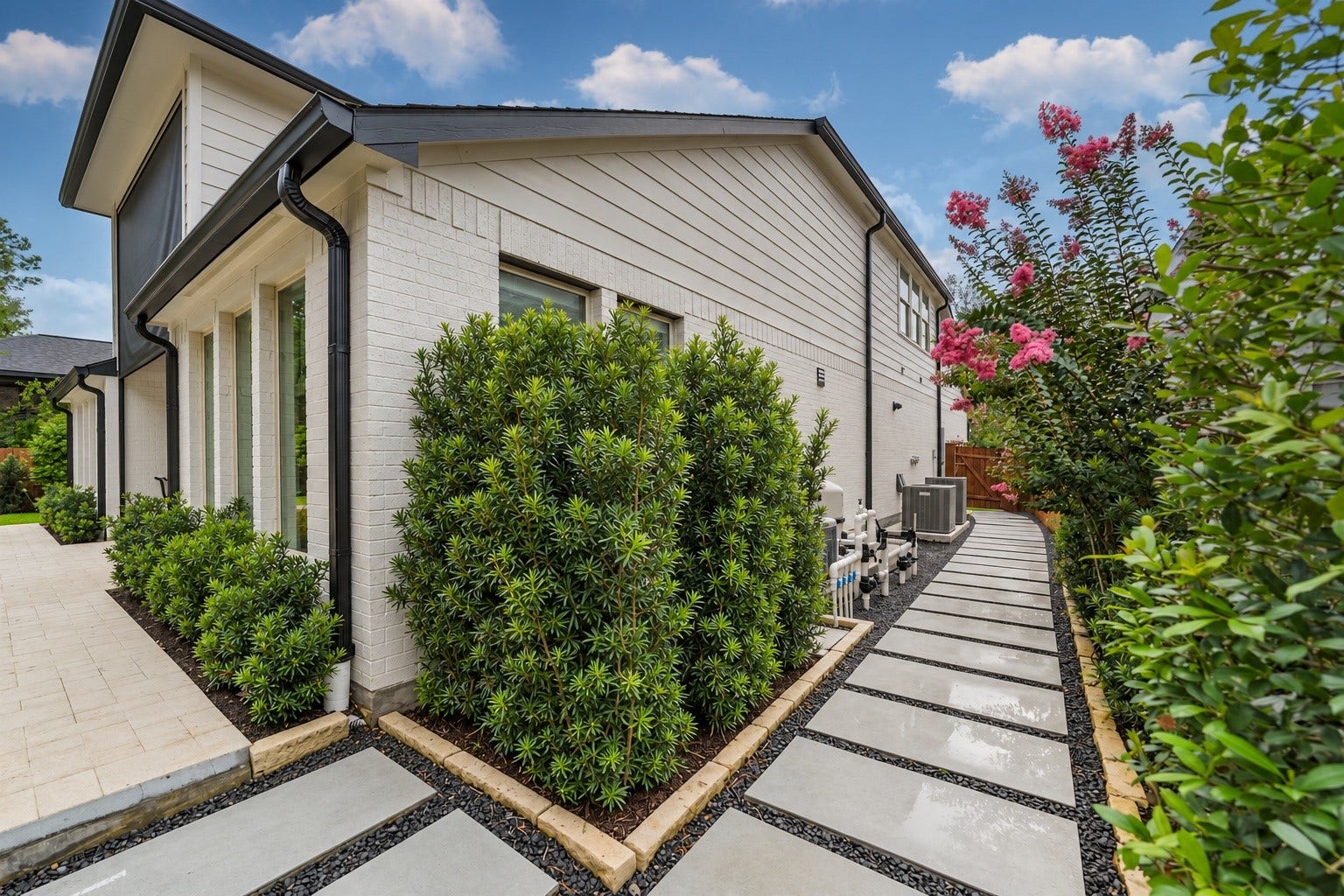 Beautifully designed custom hardscape featuring oversized stone pavers from Arizona Tile, accented by sleek black decorative stone for a sophisticated, low-maintenance finish. This thoughtfully designed side yard provides convenient access to pool equipment and the side gate leading to the front yard, seamlessly blending style and functionality.