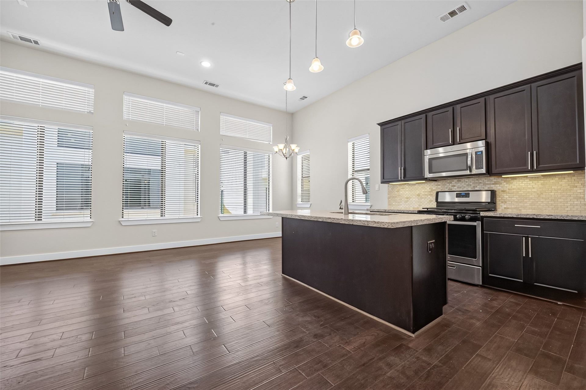 40 N Hutcheson Street, Houston, TX 77003 Spacious open-concept kitchen and living area featuring high ceilings, abundant natural light, sleek dark cabinetry, and modern stainless steel appliances.