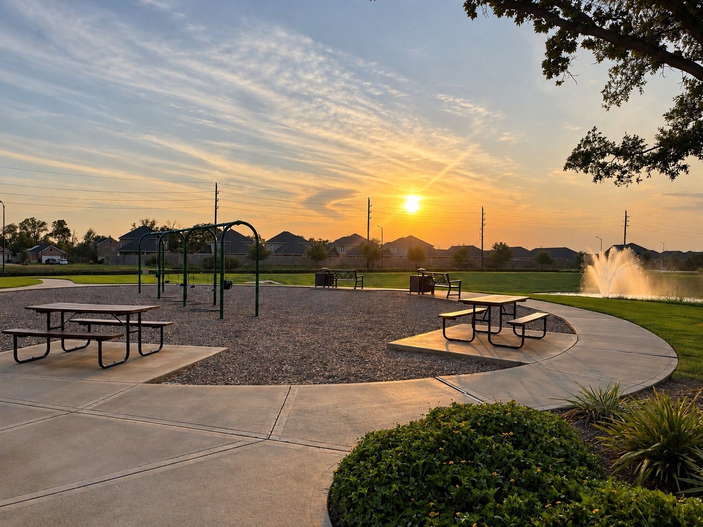 Polo Ranch community park with swings, picnic areas, walking paths, and pond views, located next to the community pool and splash pad
