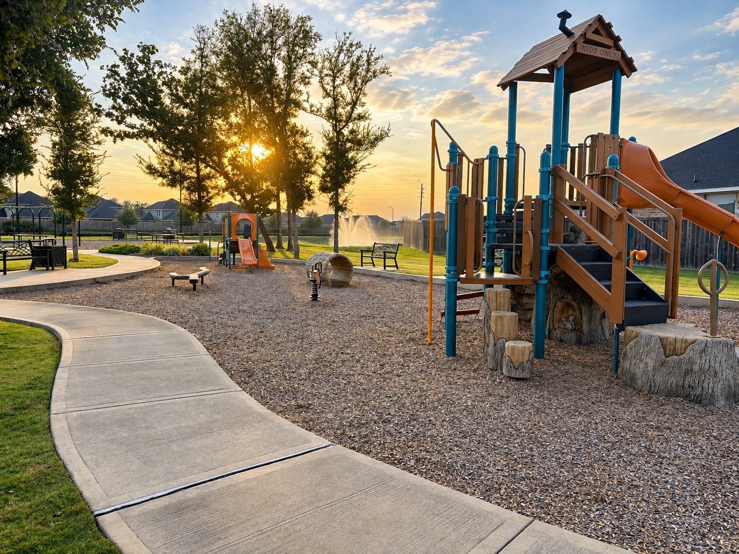 Polo Ranch playground with play structures, seating, and walking paths, conveniently located next to the community pool and splash pad