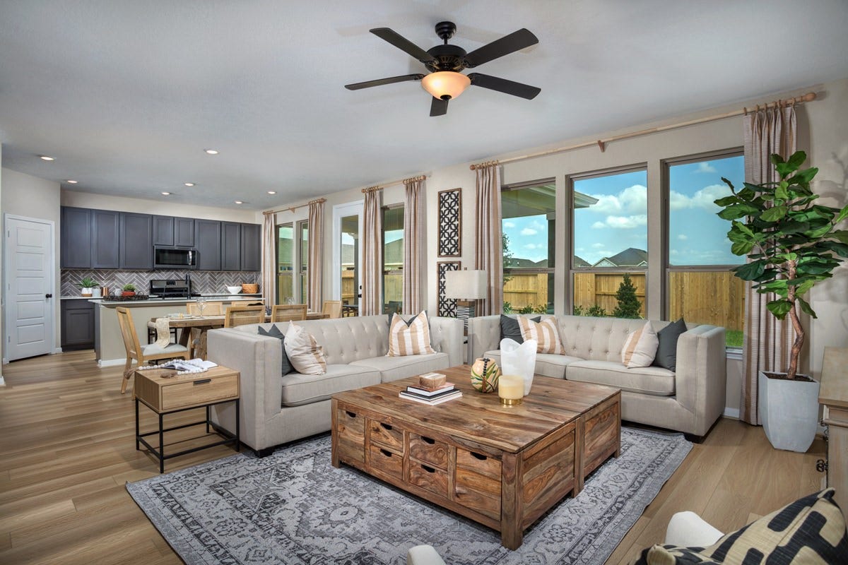 2019 Ardani Lane, Fresno, TX 77545 This bright and airy Great Room offers a spacious layout ideal for both relaxing evenings and lively gatherings. Designed for comfort and connection, it features gorgeous flooring, a wall of large windows, high ceilings, recessed lighting, ceiling fan, and seamless access to the stunning kitchen and diningperfect for everyday living and entertaining alike.
