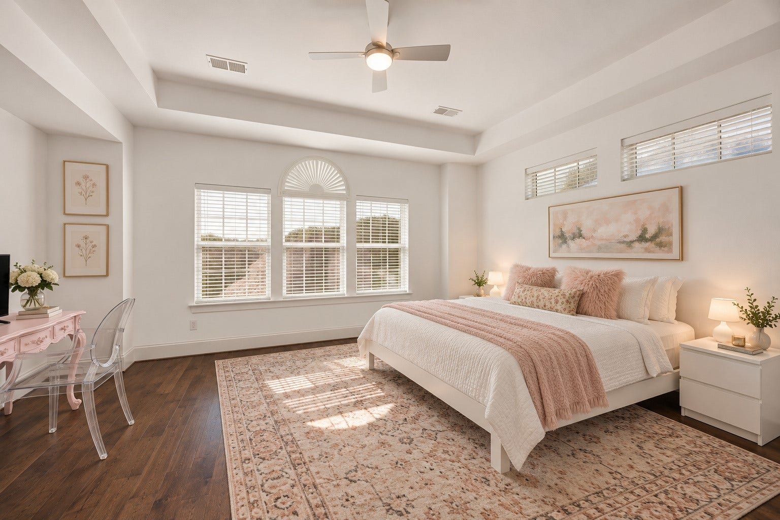 Gorgeous expansive 3rd floor primary suite offering a peaceful private retreat! Beautiful tray ceiling, ceiling fan & large windows w/ blinds enhance the spacious design. Generous proportions provide ample room for large bedroom furnishings. Enjoy the convenience of TWO walk-in closets & dreamy en suite bath featuring dual sinks, oversized soaking tub & separate shower. Virtually staged.
