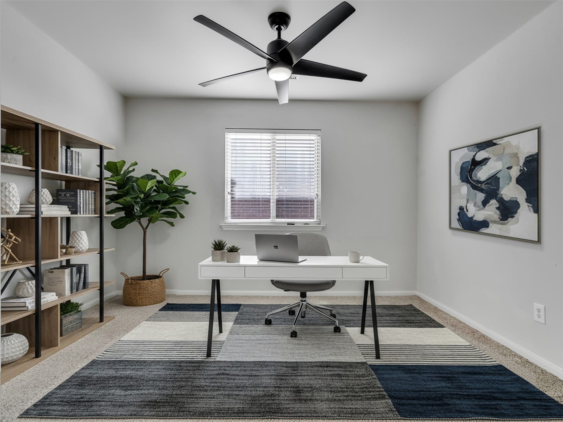 21518 Gannet Peak Way, Katy, TX 77449 This photo showcases a modern home office with a sleek white desk, a comfortable chair, and a stylish ceiling fan. The room features a large window for natural light, a contemporary rug, and organized shelving with decor items and books. A potted plant adds a touch of greenery, while abstract artwork adorns the wall.