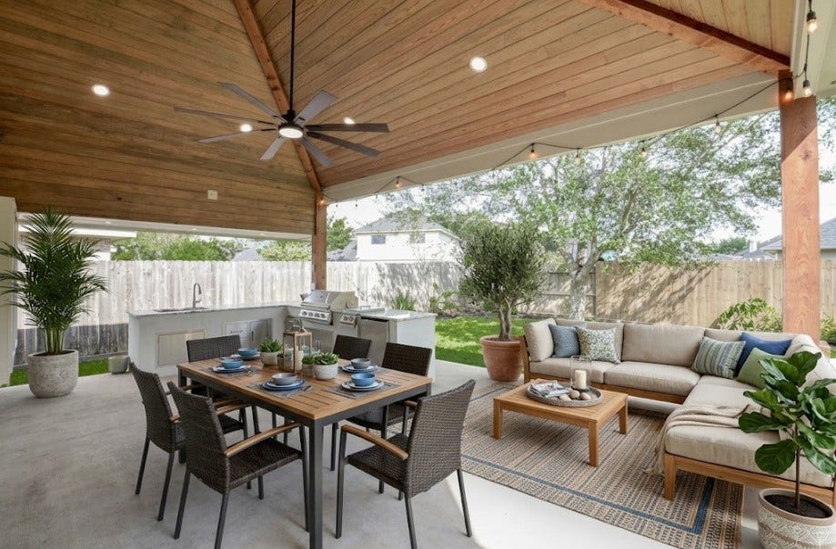 3706 Cane Lake Drive, Richmond, TX 77406 Experience the perfect blend of relaxation and entertainment on this stunning covered patio, complete with a sleek outdoor kitchen, beautifully staged to inspire your dream gatherings.