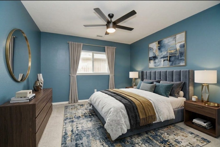 3706 Cane Lake Drive, Richmond, TX 77406 Discover the charm of this virtually staged secondary bedroom, featuring soothing blue walls, modern furnishings, and a cozy atmosphere perfect for relaxation.