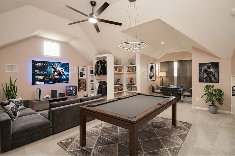 3706 Cane Lake Drive, Richmond, TX 77406 Experience the ultimate in entertainment with this virtually staged game room, featuring a sleek pool table, cozy lounge area with a large screen TV, and stylish modern decor, perfect for relaxation and fun.