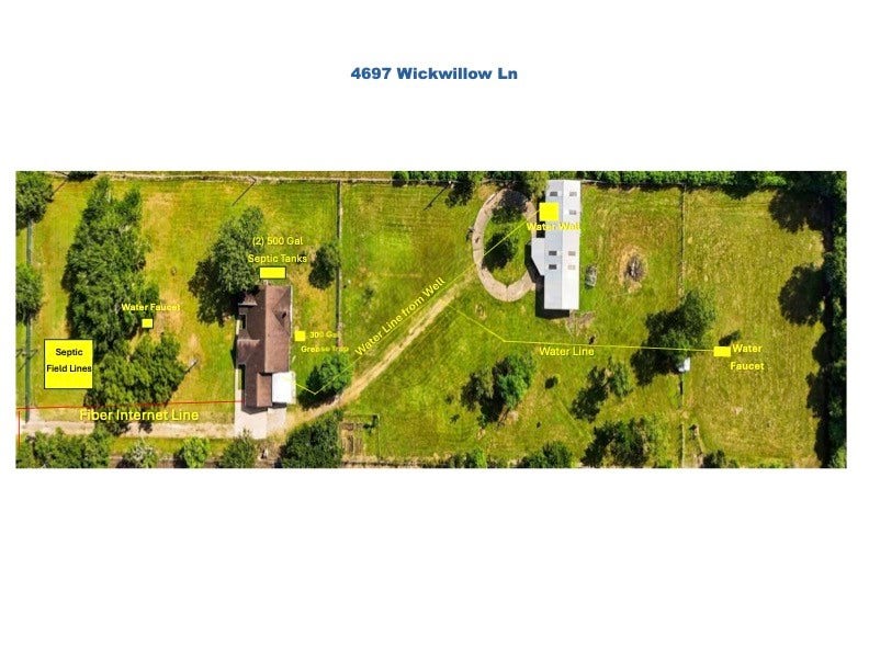 4697 Wickwillow Lane, Alvin, TX 77511 Water lines on the Property, two 5 Gallons Septic tank location, Well location and Fiber Internet.