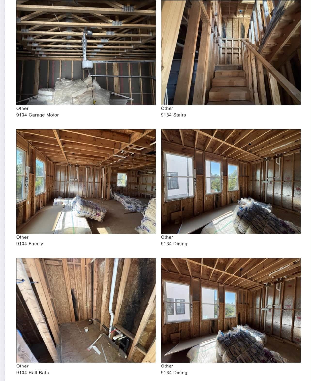 9134 Pembrook Street, Houston, TX 77016 Structural preview of lower-level framing, detailing expansive living, dining, half-bath layout, and internal stairwell.
