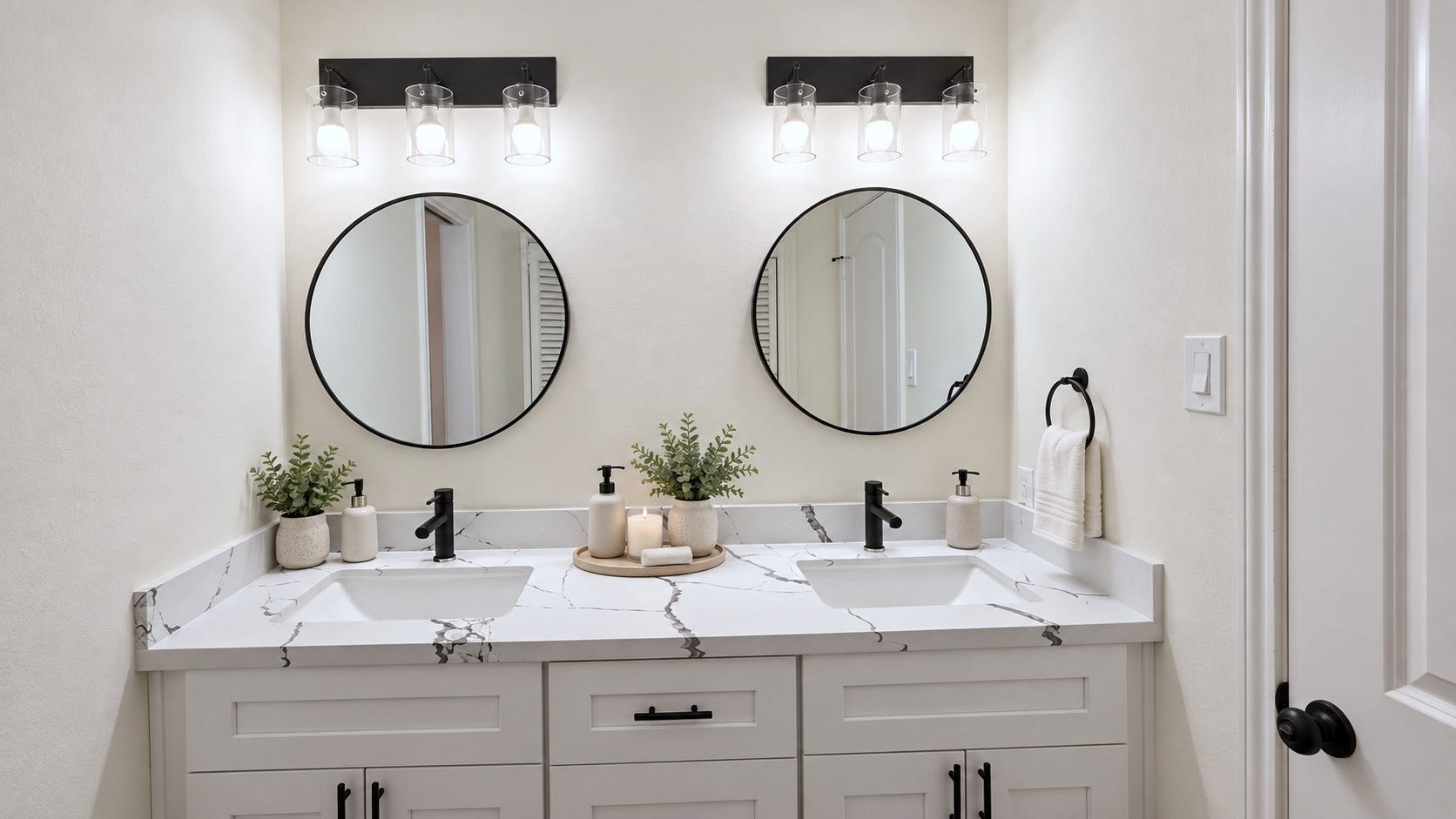 5527 Wigton Drive, Houston, TX 77096 Updated secondary bath features a double vanity, dual round mirrors, veined countertops, and matte-black fixtures.