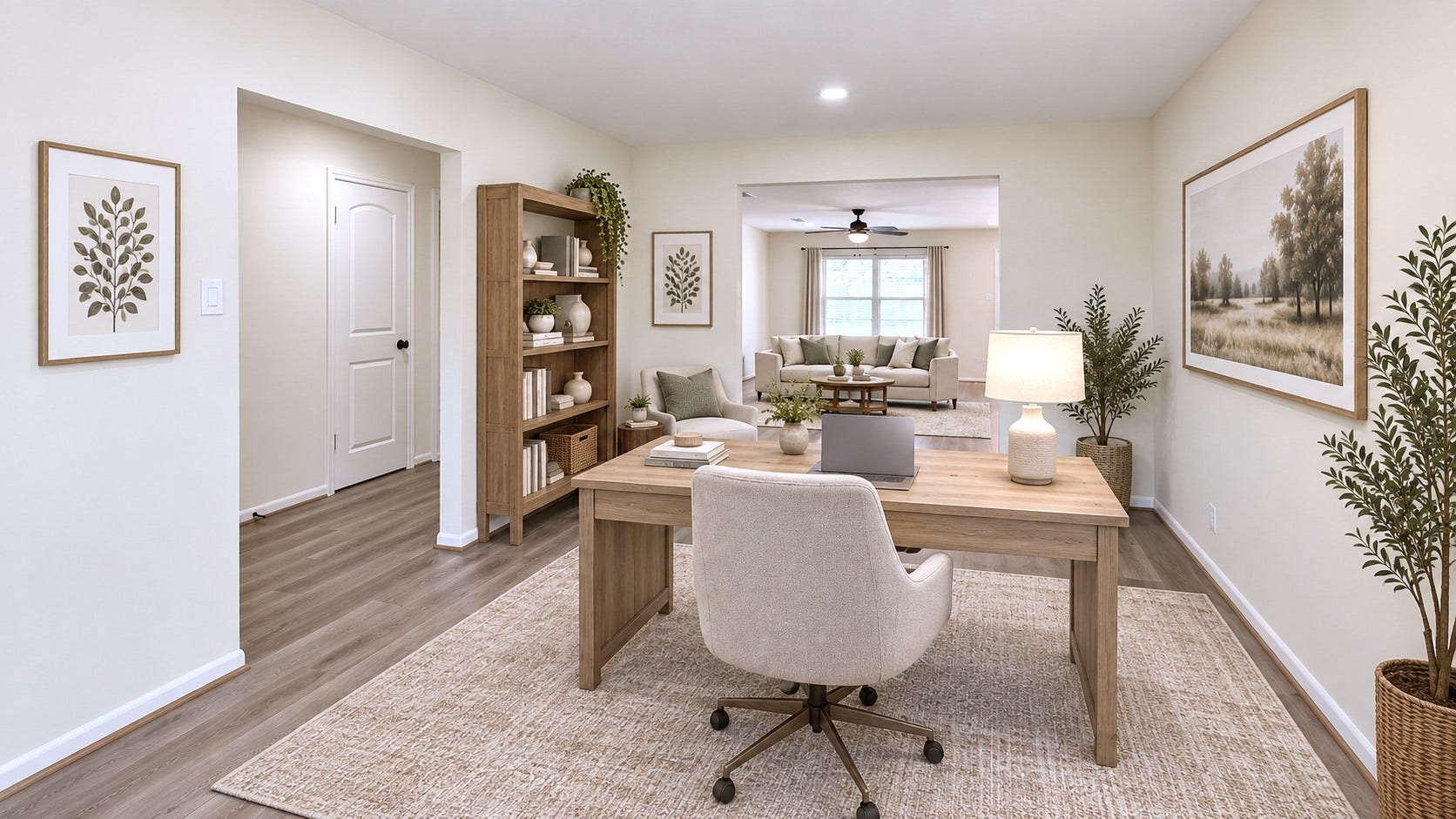 5527 Wigton Drive, Houston, TX 77096 Virtually staged: Flex room shown as a stylish home office with plenty of room to work comfortably.