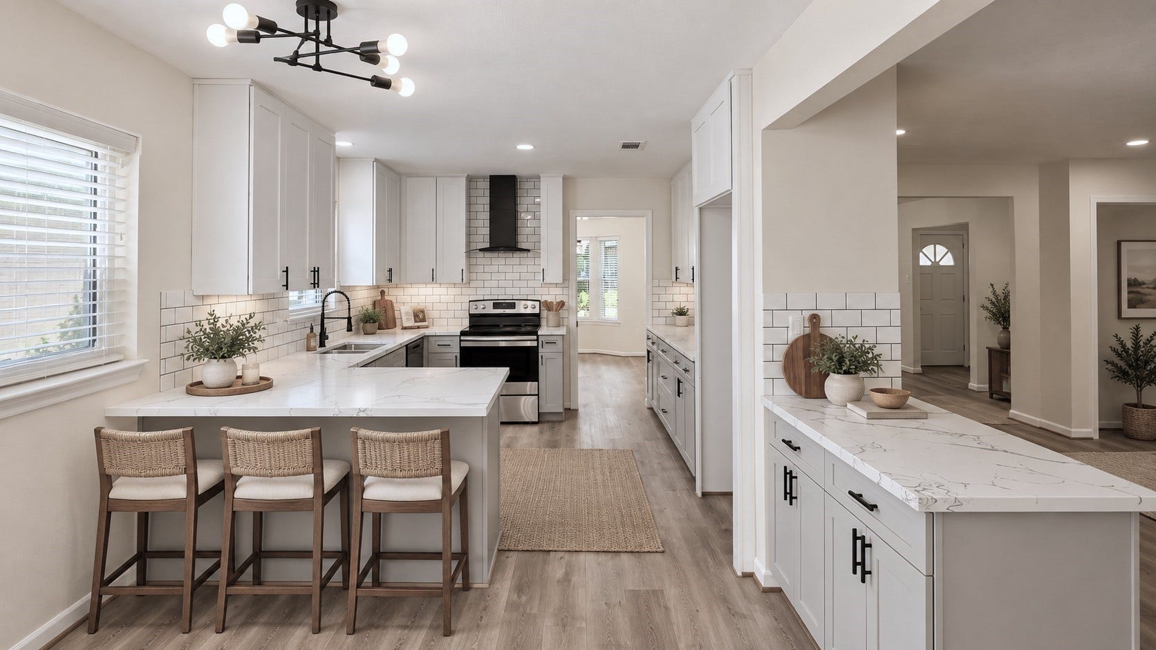 5527 Wigton Drive, Houston, TX 77096 Virtually staged: Breakfast area demonstrates a comfortable casual dining setup beside the kitchen.