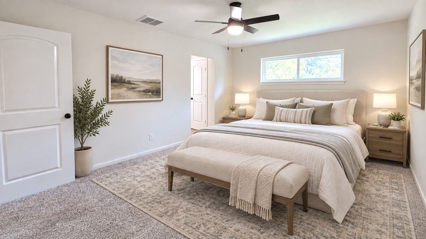 5527 Wigton Drive, Houston, TX 77096 Virtually staged: Primary retreat styled with a king-size bed concept to demonstrate the rooms impressive scale.