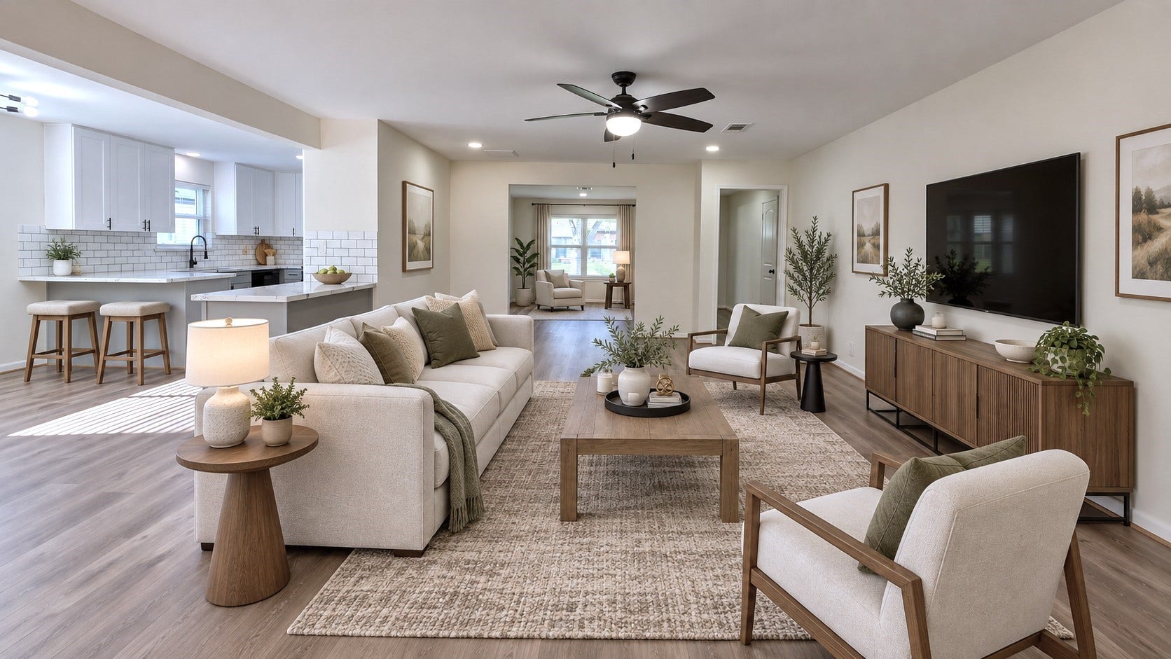 5527 Wigton Drive, Houston, TX 77096 Virtually staged: Open-concept living area demonstrates multiple seating options and an inviting layout.