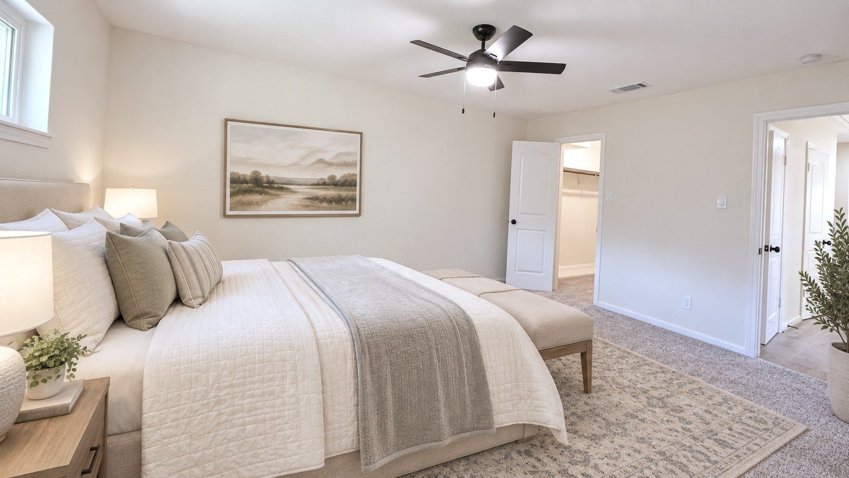 5527 Wigton Drive, Houston, TX 77096 Virtually staged: Serene primary bedroom concept emphasizes comfort, scale, and a relaxing retreat atmosphere.