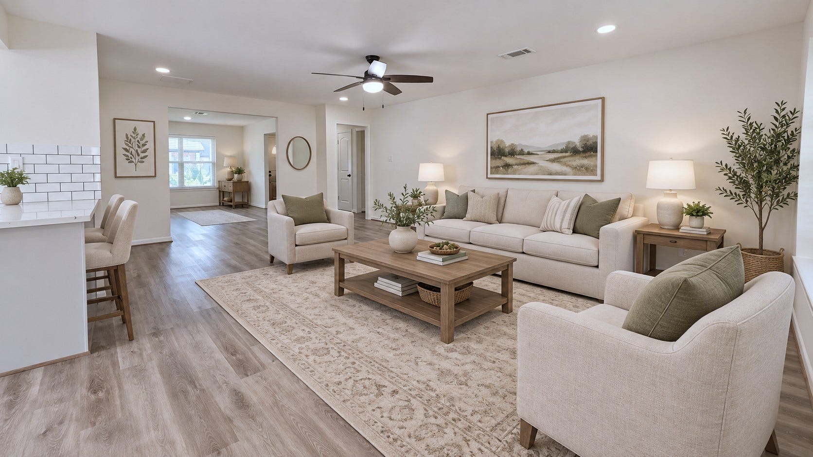 5527 Wigton Drive, Houston, TX 77096 Virtually staged: Generous living room styled to highlight both conversation and entertainment areas.