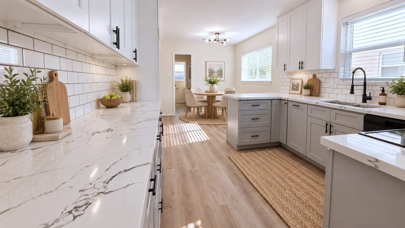 5527 Wigton Drive, Houston, TX 77096 Virtually staged: Designer-inspired kitchen styling complements the bright cabinetry and dramatic countertops.