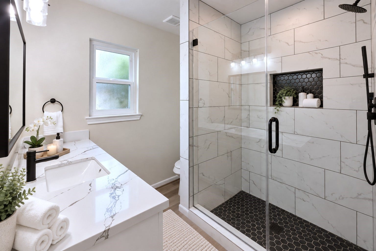5527 Wigton Drive, Houston, TX 77096 Virtually staged: Spa-inspired primary bath highlights the impressive glass shower and contemporary finishes.