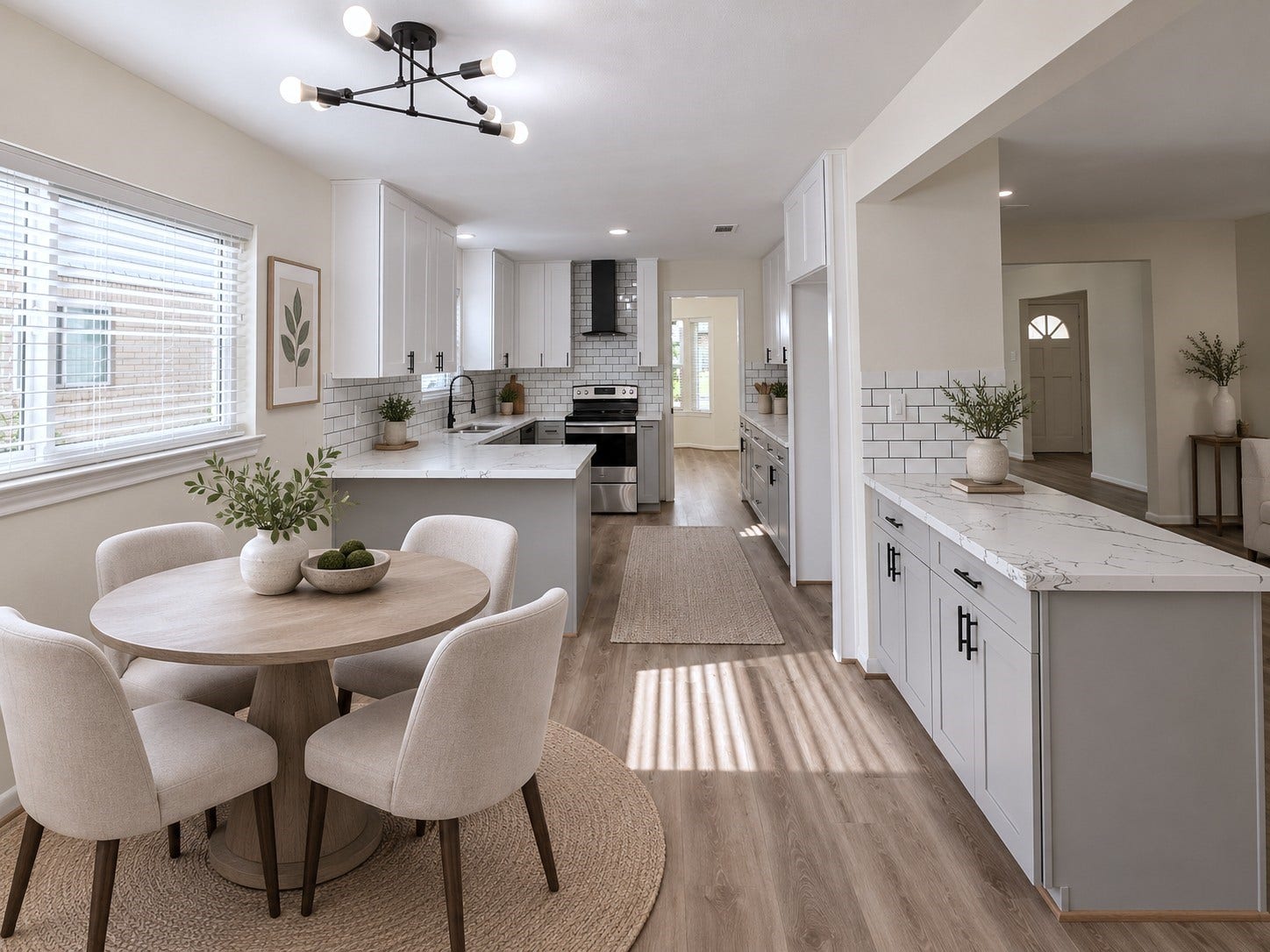 5527 Wigton Drive, Houston, TX 77096 Virtually staged: Casual breakfast nook shows how beautifully the space accommodates everyday dining.