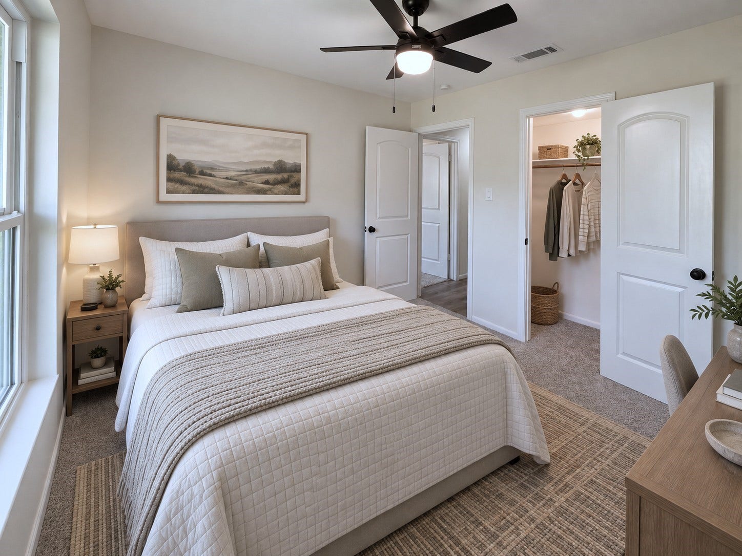5527 Wigton Drive, Houston, TX 77096 Virtually staged: Secondary bedroom styled to demonstrate a comfortable sleeping area without sacrificing circulation.