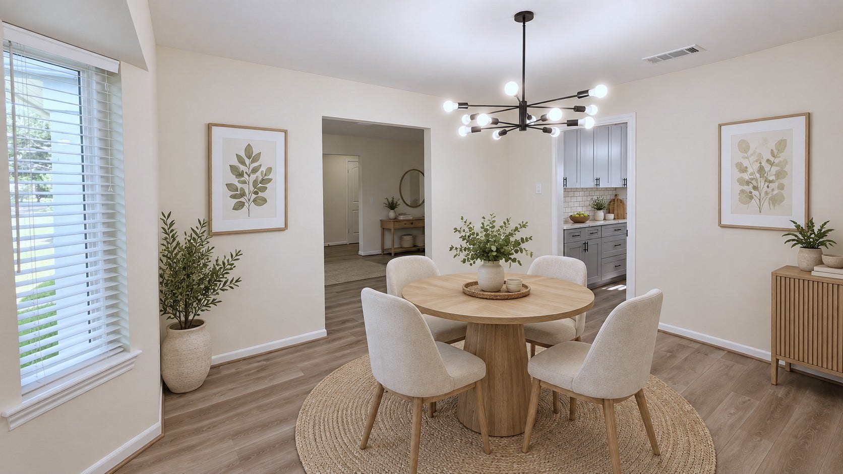 5527 Wigton Drive, Houston, TX 77096 Virtually staged: Elegant dining room showcases space for a full dining set beneath the modern chandelier.