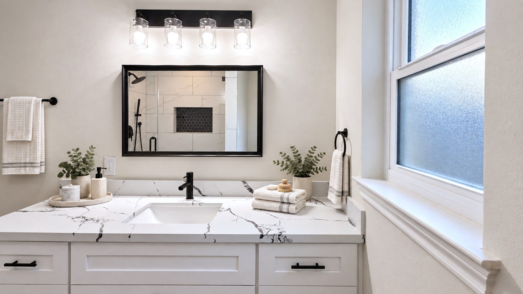 5527 Wigton Drive, Houston, TX 77096 Virtually staged: Spa-inspired accessories complement the updated primary baths clean, modern finishes.