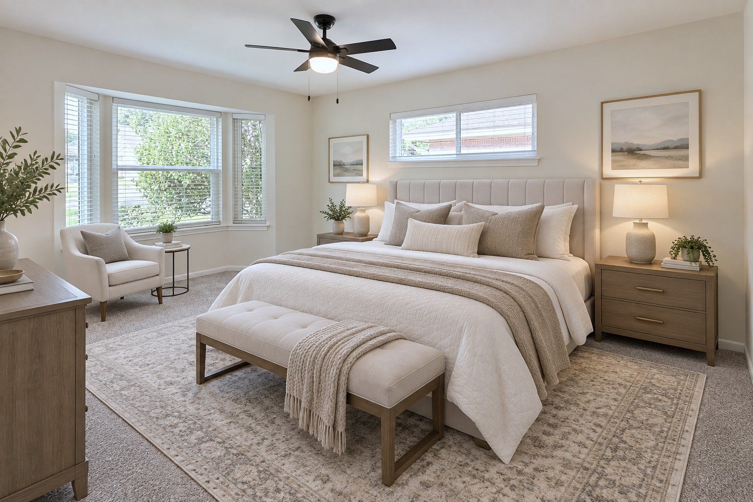 5527 Wigton Drive, Houston, TX 77096 Virtually staged: Secondary bedroom styled as a comfortable guest retreat while showcasing the rooms generous size.