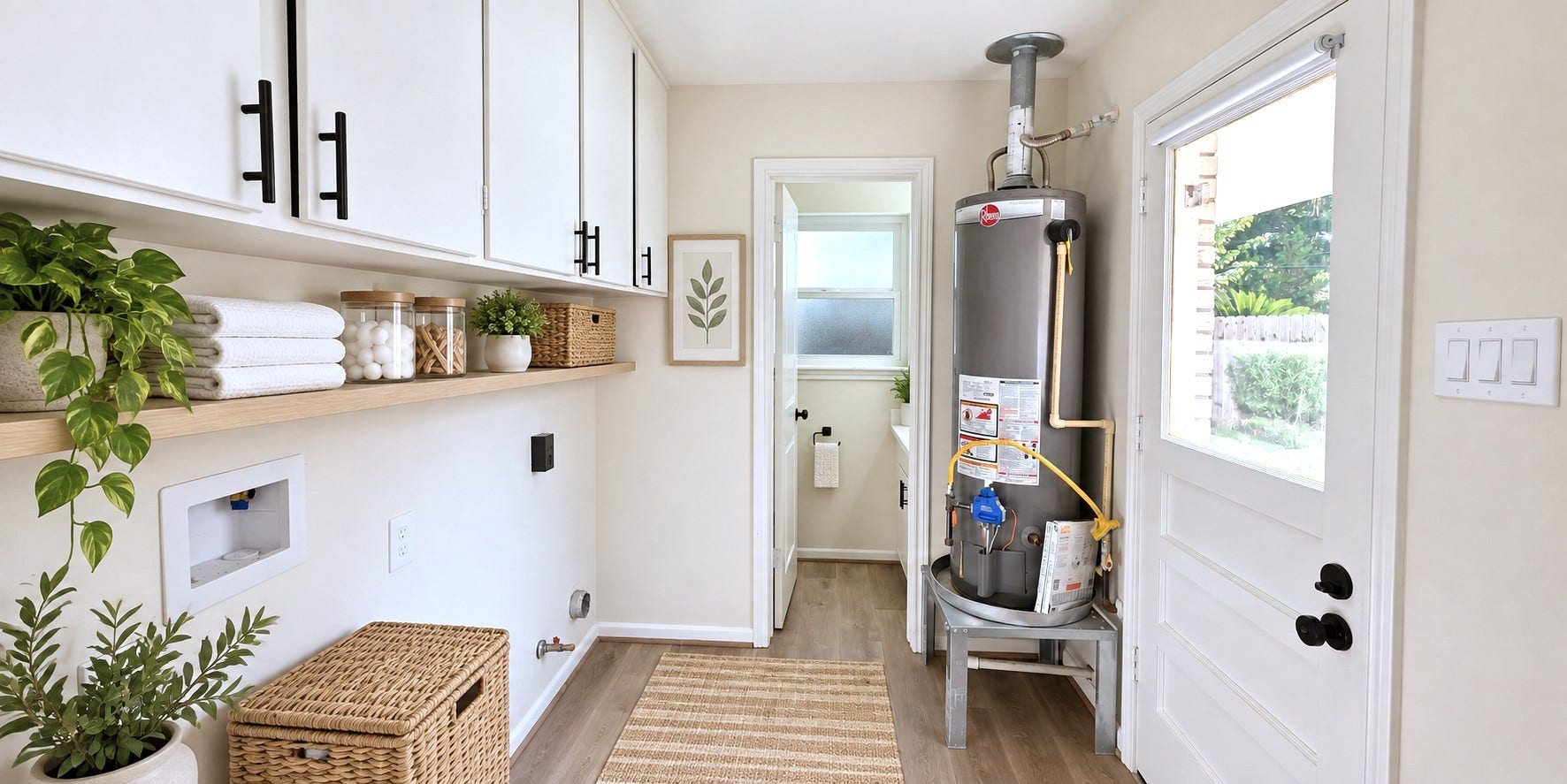5527 Wigton Drive, Houston, TX 77096 Virtually staged: Laundry room concept highlights the built-in storage and practical everyday workspace.