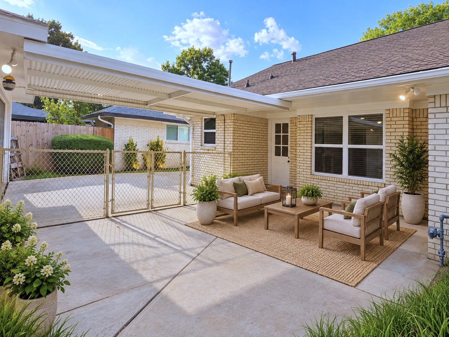 5527 Wigton Drive, Houston, TX 77096 Virtually staged: Outdoor living concept showcases the patios potential for relaxing, dining, and entertaining.