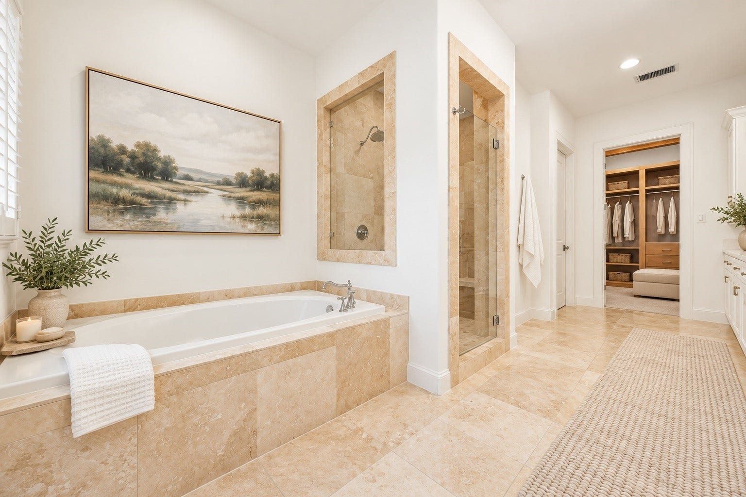The spacious primary bathroom offers a spa-inspired retreat featuring a relaxing soaking tub, separate glass-enclosed shower, elegant stone tile, and timeless finishes. A perfect space to unwind at the end of the day! *Virtually Staged