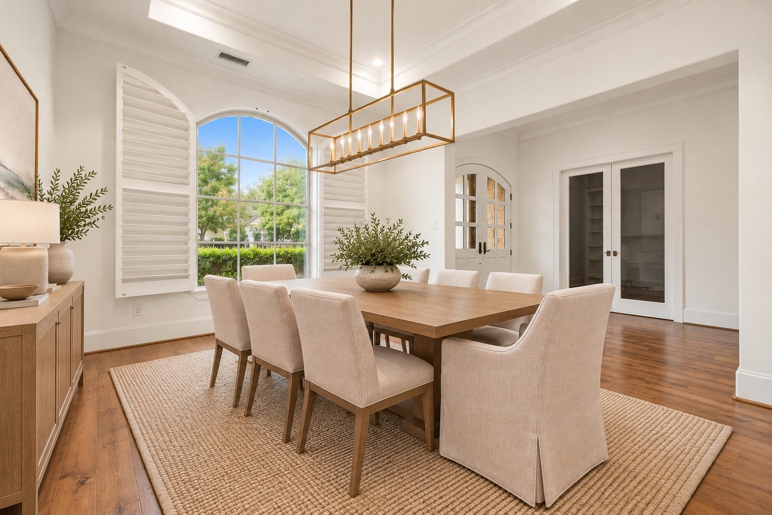 Elegant and inviting, this formal dining room sets the stage for memorable dinners and special celebrations! Featuring a beautiful arched window with plantation shutters, sophisticated tray ceiling with crown molding, and abundant natural light, this refined space makes every gathering feel like a special occasion. *Virtually Staged