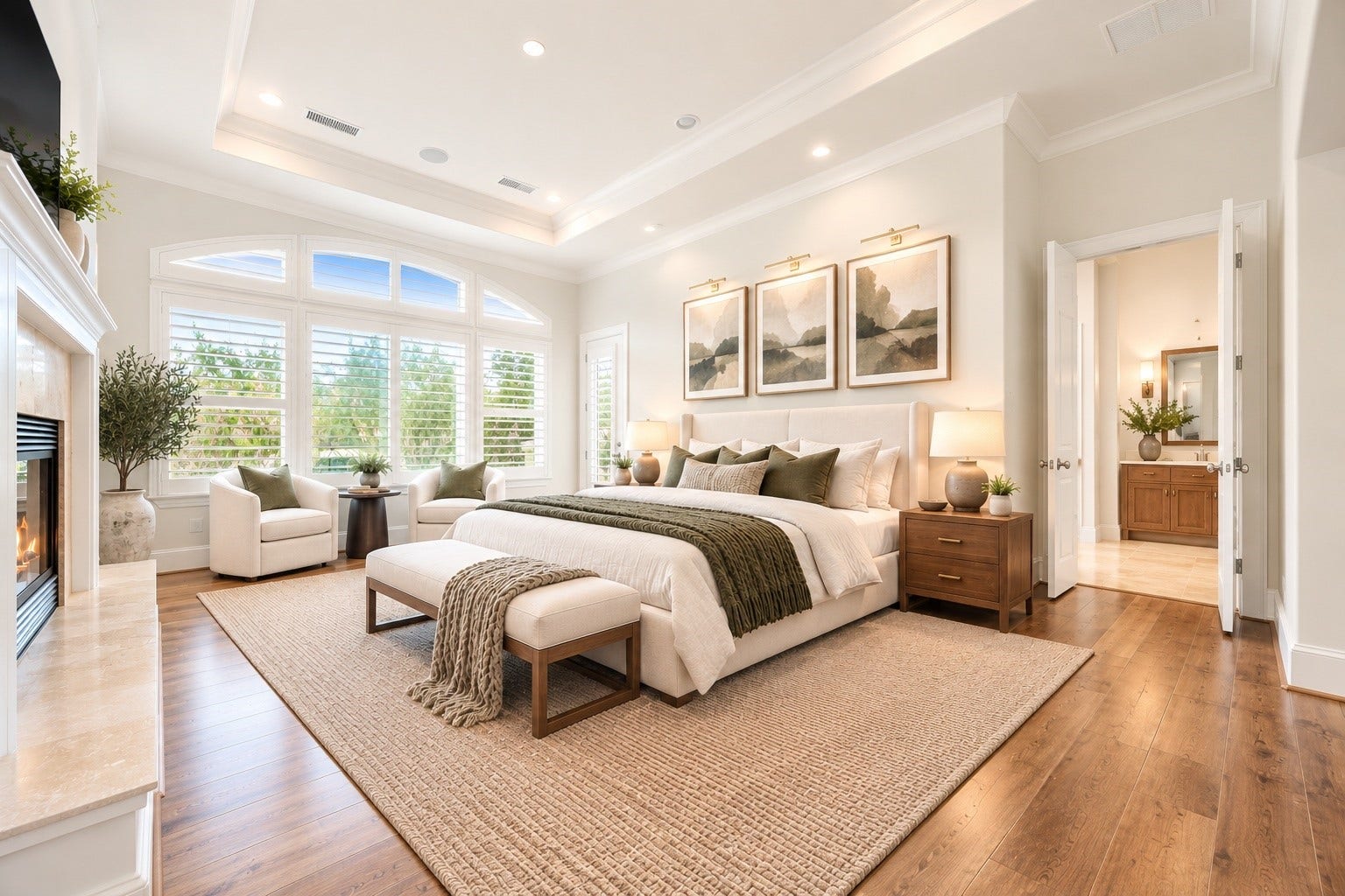 Your personal retreat awaits in this spacious second floor primary suite, where soft neutral tones, a cozy fireplace, and an inviting sitting area create the perfect atmosphere to unwind! Beautifully framed windows with plantation shutters fill the room with natural light, while the elegant fireplace adds a touch of warmth for peaceful evenings and slow mornings. *Virtually Staged