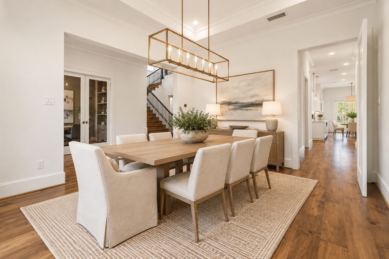 Just to the right of the entry, the grand formal dining room offers an elegant setting for hosting holiday gatherings, special celebrations, and memorable dinners with family and friends.