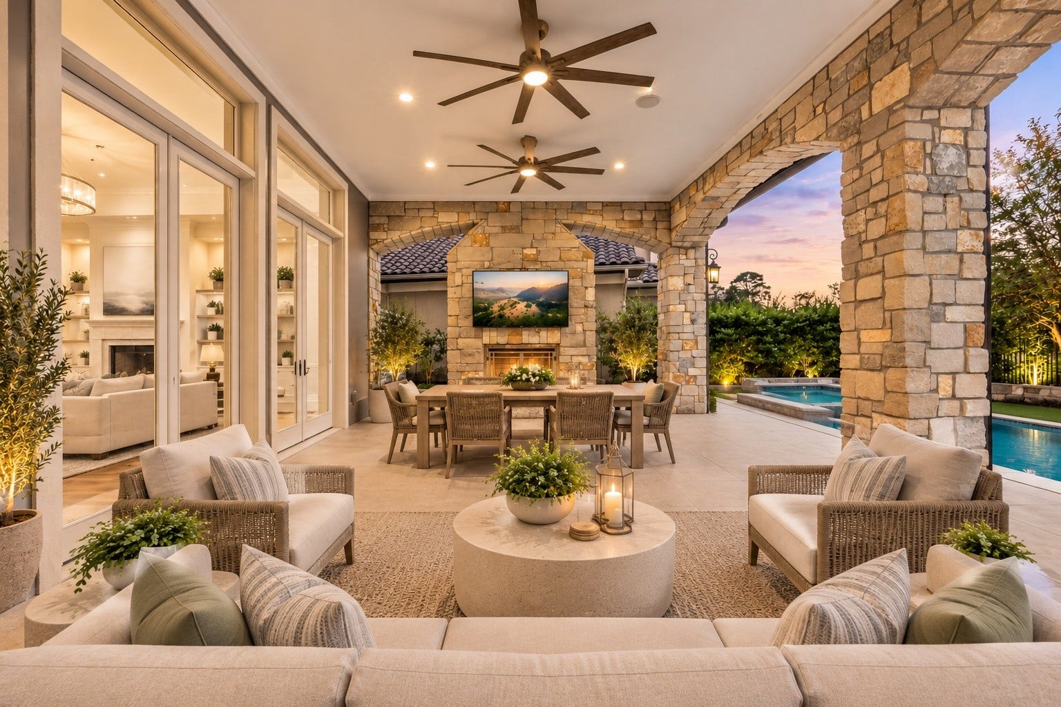 Enjoy effortless outdoor dining and entertaining in this beautiful setting, where inviting seating areas overlook the sparkling pool and tranquil lake! The perfect backdrop for gathering with family and friends and making memories around the table. *Virtually Staged