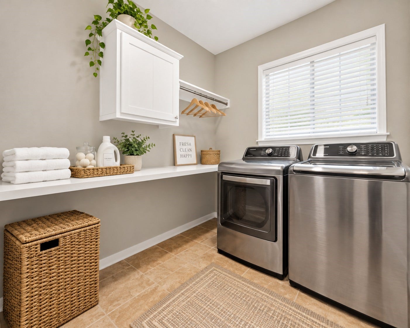 21834 Canton Pass Lane, Katy, TX 77450 The laundry room features tile flooring, a window with blinds, and built-in cabinetry for convenient storage. A hanging bar and long shelf provide practical space for clothing care, folding, and everyday organization. **Virtually Staged**