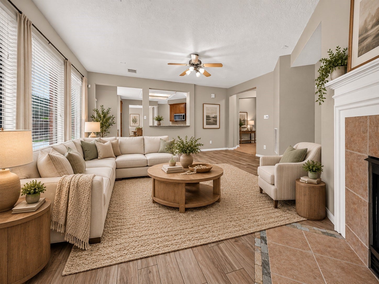 21834 Canton Pass Lane, Katy, TX 77450 A wall of windows with blinds brings plenty of natural light into the family room, while tile flooring offers easy everyday care. The open layout flows seamlessly into the kitchen, creating a comfortable space for daily living and entertaining. **Virtually Staged**