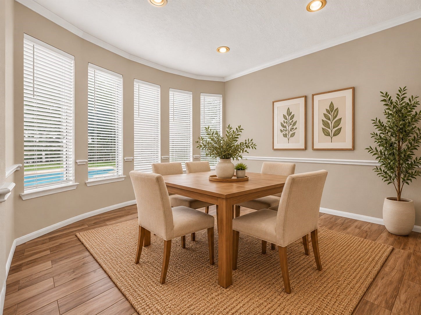 21834 Canton Pass Lane, Katy, TX 77450 Enjoy views of the backyard pool while dining, adding a relaxing backdrop to everyday meals and entertaining. The dining is room filled with natural light from a wall of windows with blinds and is finished with crown molding and a classic chair rail. **Virtually Staged**