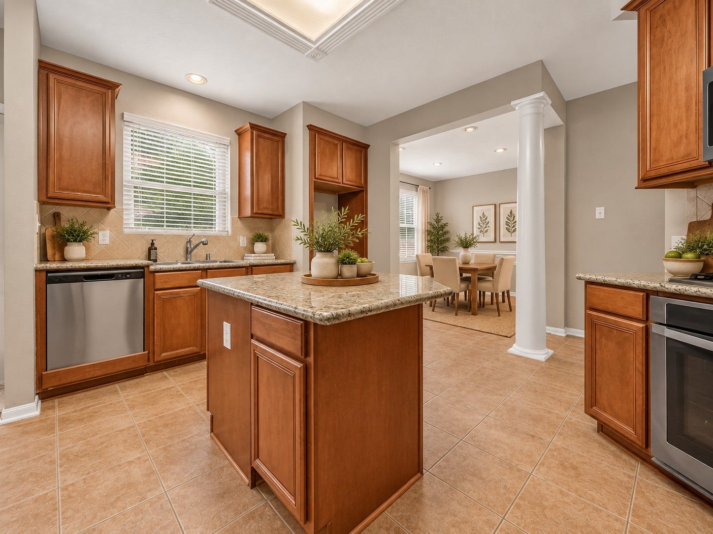 21834 Canton Pass Lane, Katy, TX 77450 The kitchen features granite countertops, stainless steel appliances, and easy-care tile flooring throughout. A window with blinds above the sink brings in natural light while offering added privacy. **Virtually Staged**