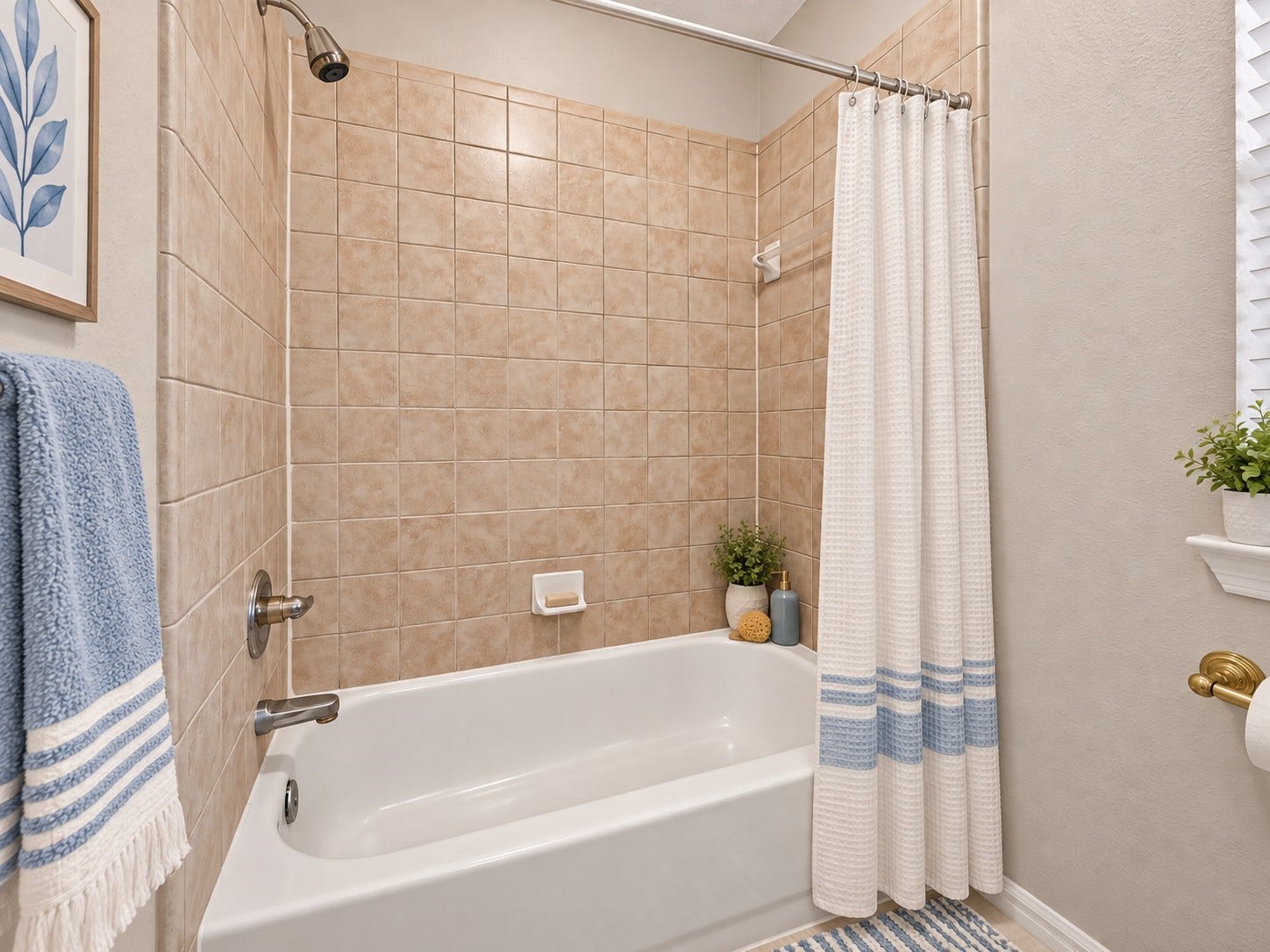 21834 Canton Pass Lane, Katy, TX 77450 This shower/tub combination has a neutral tile surround for a clean, timeless look. A great setup for family or guests, offering both the convenience of a shower and the option of a relaxing bath. **Virtually Staged**
