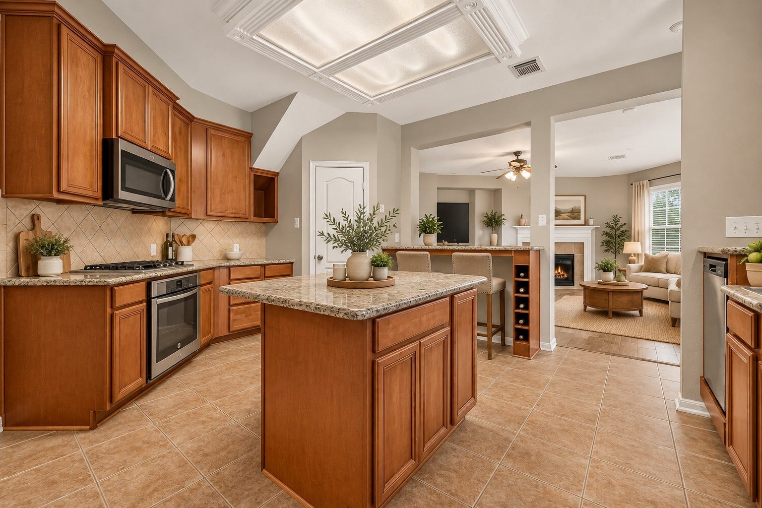 21834 Canton Pass Lane, Katy, TX 77450 Located just off the family room, the kitchen features tile flooring and abundant cabinet space for everyday storage. A center island adds even more storage and provides a convenient workspace for meal prep and serving. **Virtually Staged**