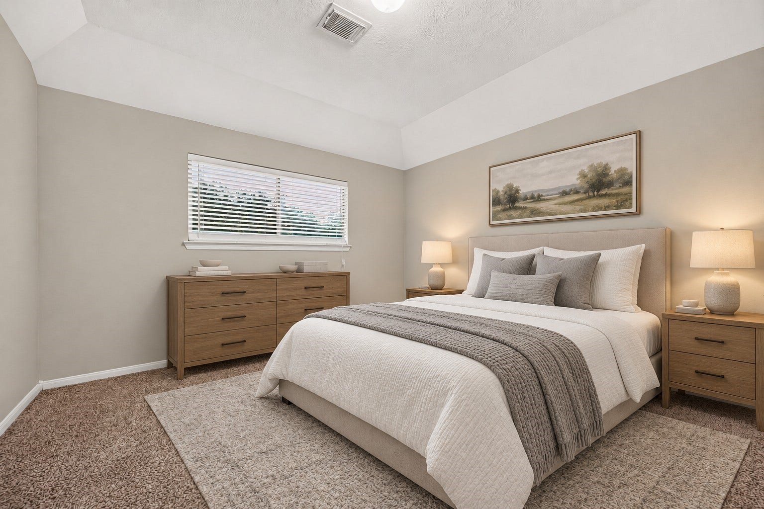 21834 Canton Pass Lane, Katy, TX 77450 This guest bedroom features a large window with blinds that brings in plenty of natural light. The recessed ceiling adds architectural interest and gives the room a spacious, comfortable feel. **Virtually Staged**