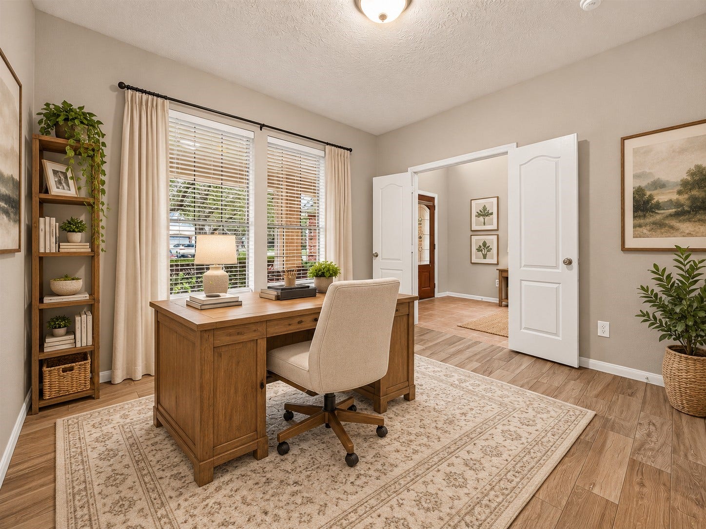 21834 Canton Pass Lane, Katy, TX 77450 Located directly off the entry, the first-floor bedroom is currently shown as a home office, offering flexibility to fit your needs. French doors, tile flooring, and large windows create a bright and functional space with plenty of natural light. **Virtually Staged**