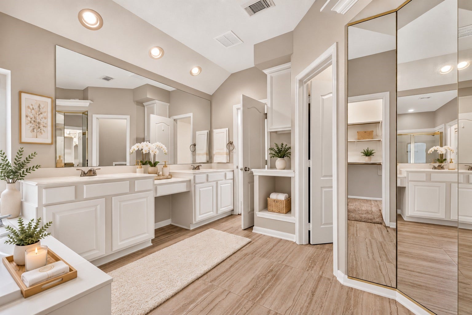 21834 Canton Pass Lane, Katy, TX 77450 Featuring dual sinks and vanities, a three-way mirror, recessed lighting, and easy-care tile flooring the primary bathroom feels like your own personal spa. A bright, functional layout provides plenty of space to get ready and unwind. **Virtually Staged**