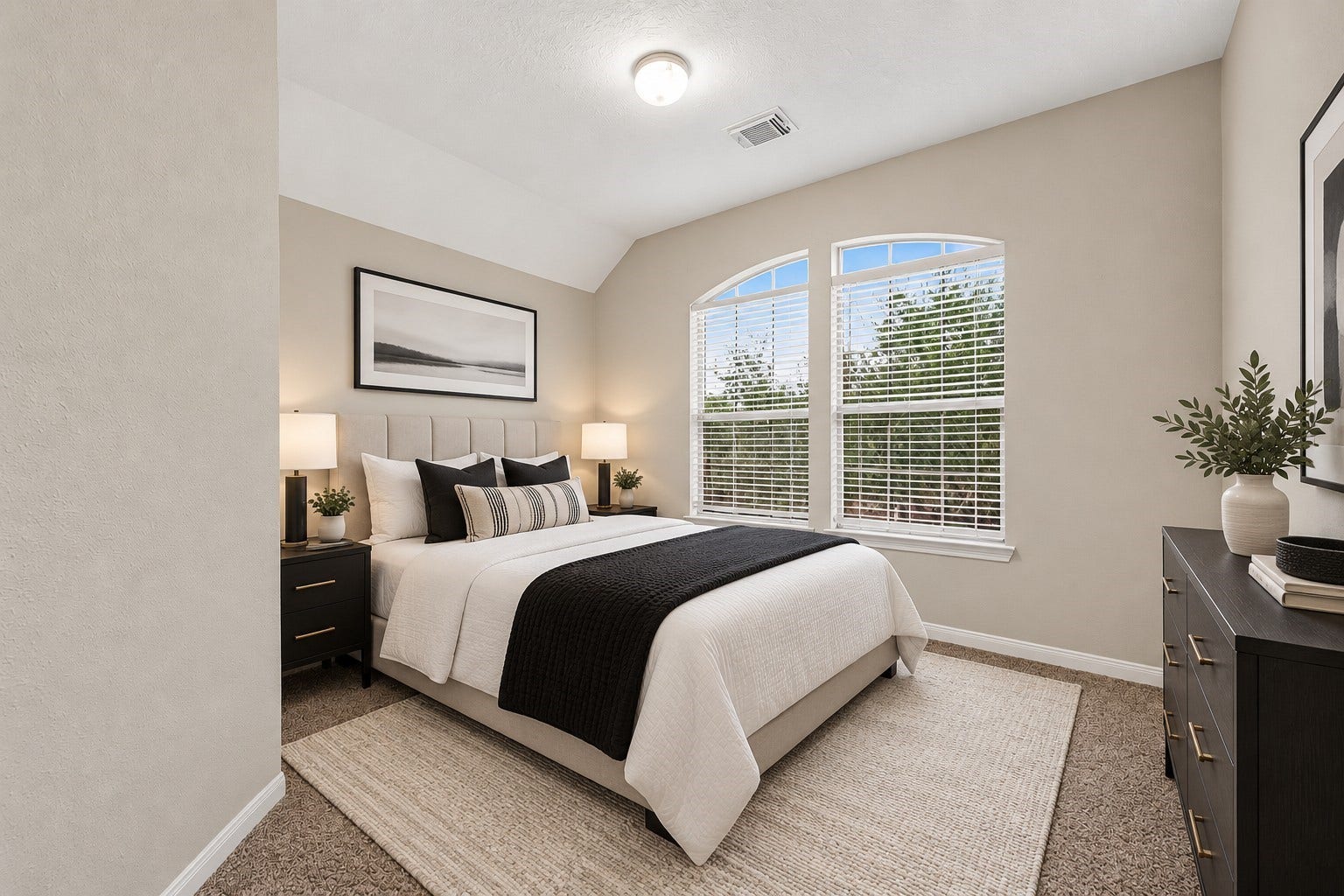 21834 Canton Pass Lane, Katy, TX 77450 The third guest bedroom features large windows with blinds, filling the space with natural light. Plush carpet adds warmth and comfort, creating a welcoming retreat for family or guests. **Virtually Staged**