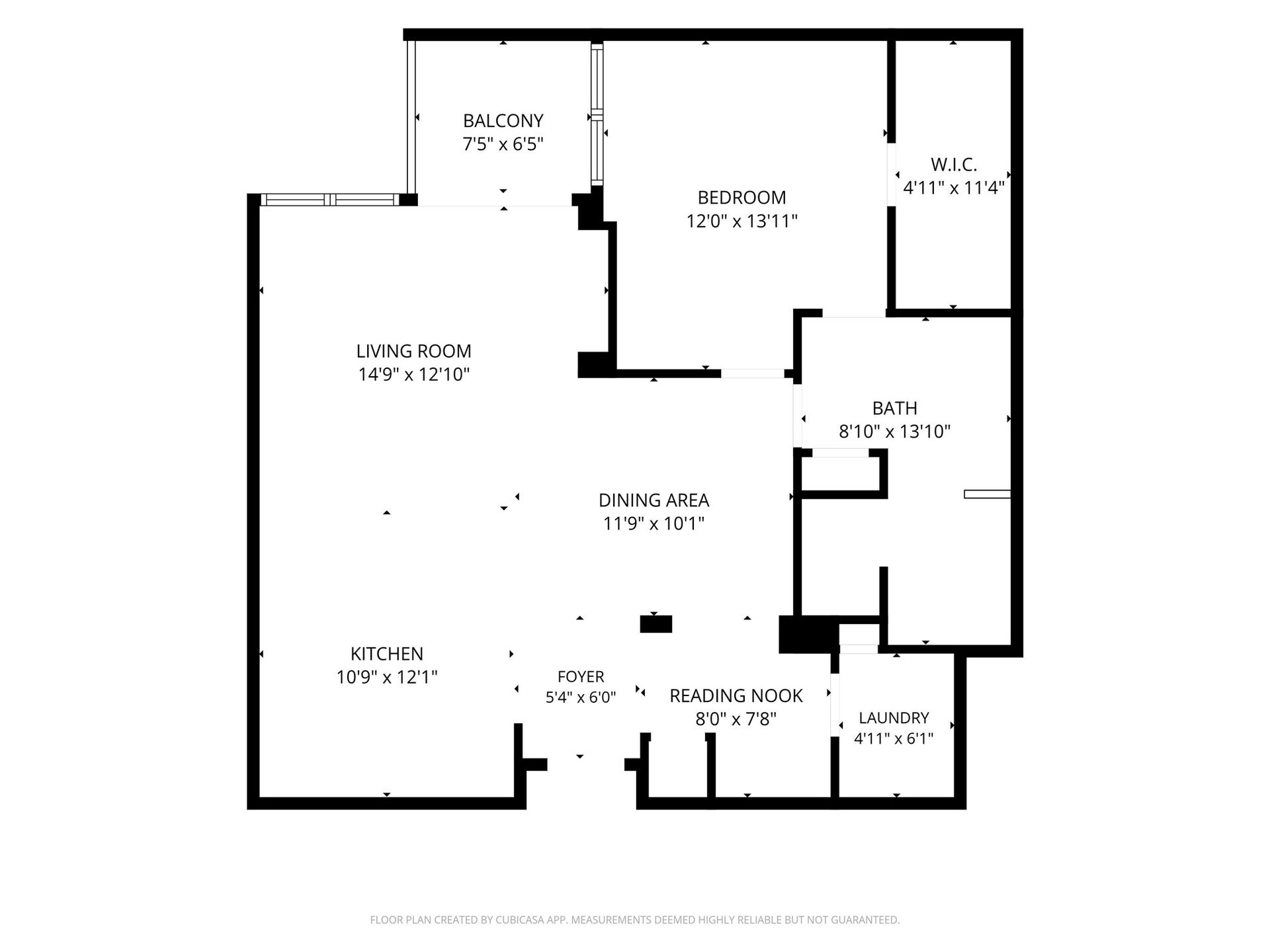1901 Post Oak Boulevard, #3216, Houston, TX 77056 965 SF floor plan featuring a spacious living area, dedicated built-in workspace, in-unit laundry, walk-in closet and covered balcony. Measurements are approximate.