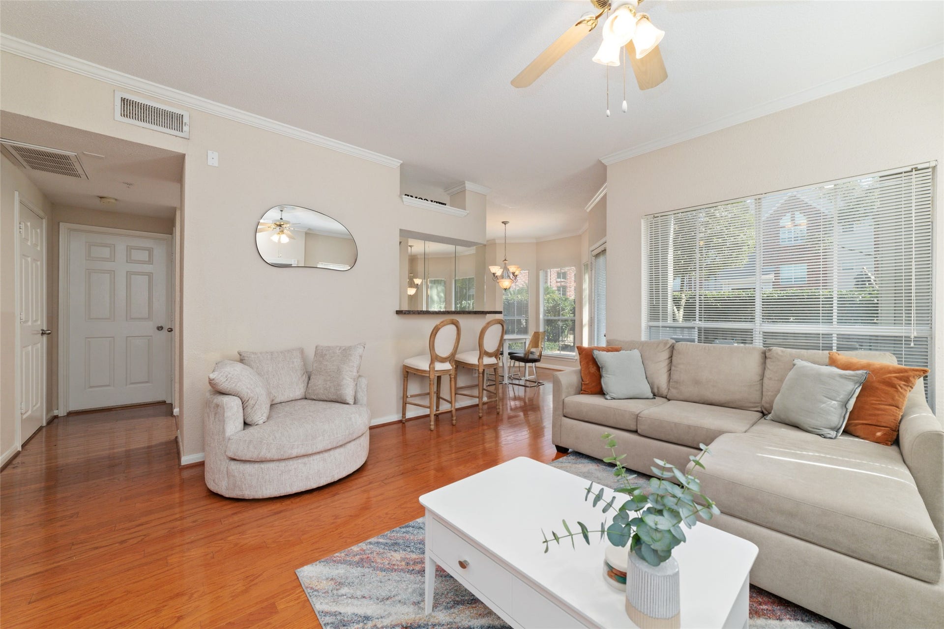 Stylish & Functional  The open floor plan seamlessly connects the living and dining areas for easy entertaining.