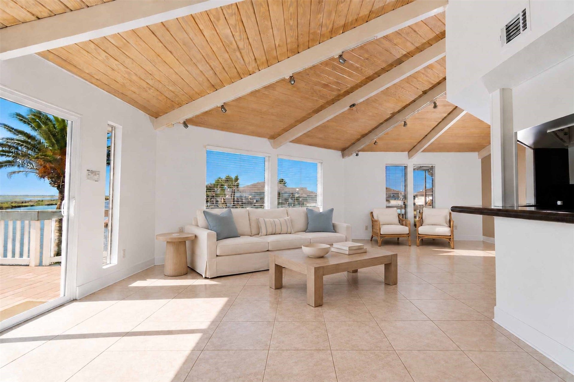 1318 Blue Heron Street, Bayou Vista, TX 77563 Second floor has an open living, dining, kitchen with gorgeous wood ceiling and incredible views.