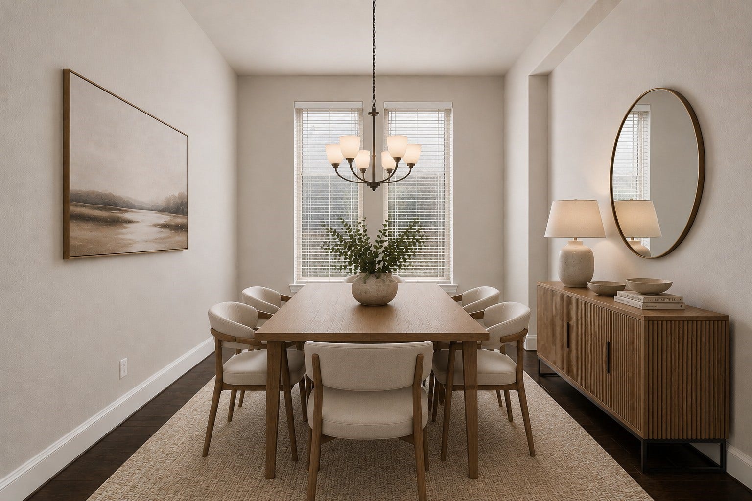 9410 Mount Logan, Missouri City, TX 77459 A refined dining room designed for both intimate gatherings and elegant entertaining, featuring rich hardwood floors and designer lighting.