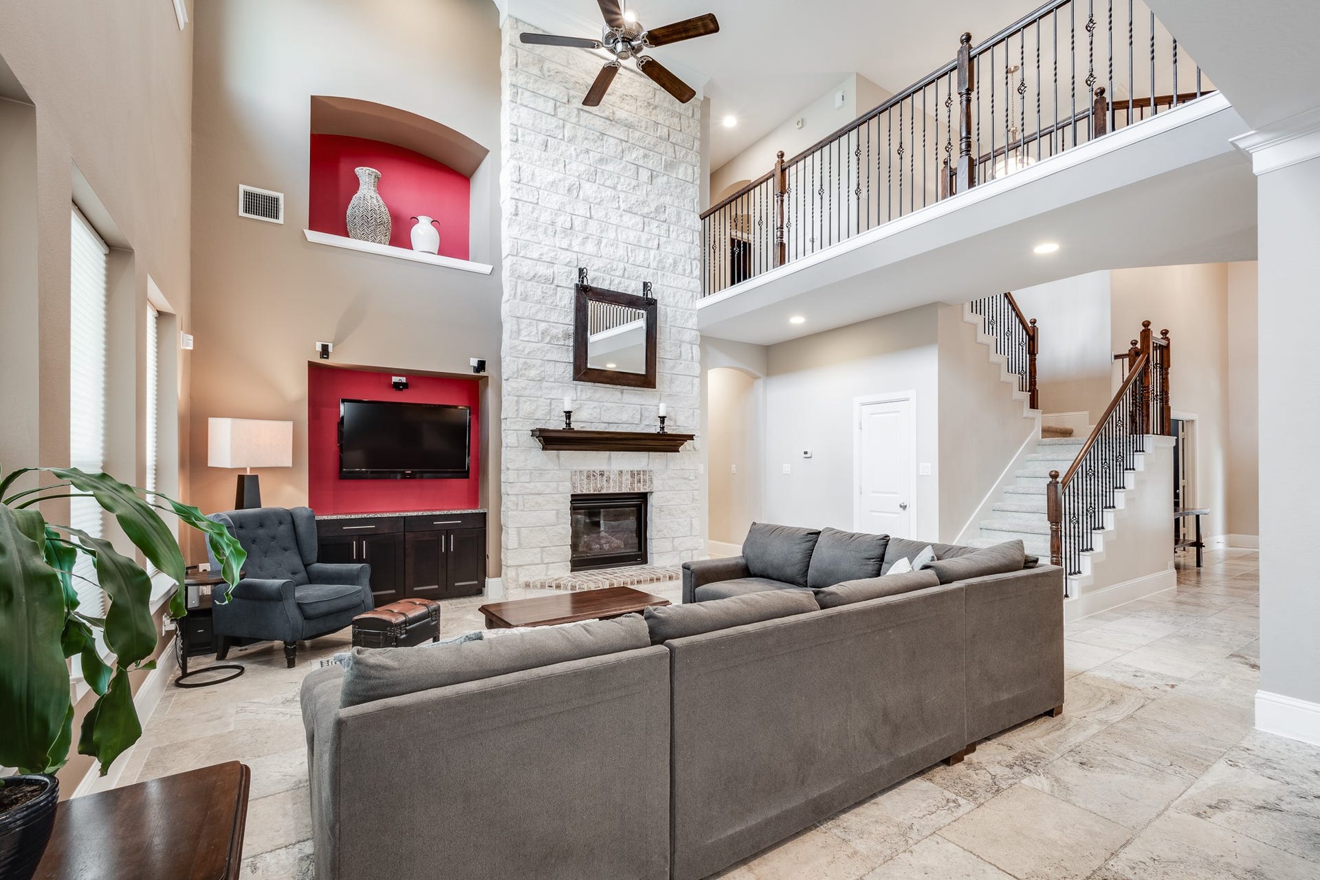 14111 Aspen Haze Lane, Humble, TX 77396 stone fireplace and built ins