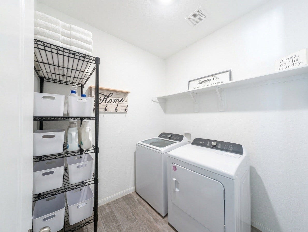 18122 Sonresa Way, Tomball, TX 77377 Conveniently located utility/laundry room equipped with washer and dryer hookups and overhead storage shelving.