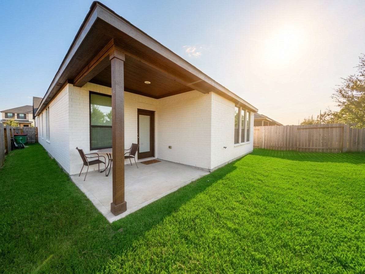 18122 Sonresa Way, Tomball, TX 77377 Covered back patio and rear exterior view featuring a neat lawn and outdoor entertaining space.